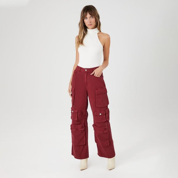 Forever 21 Burgundy Twill Wide-leg Cargo Pants - Picture 1 of 6